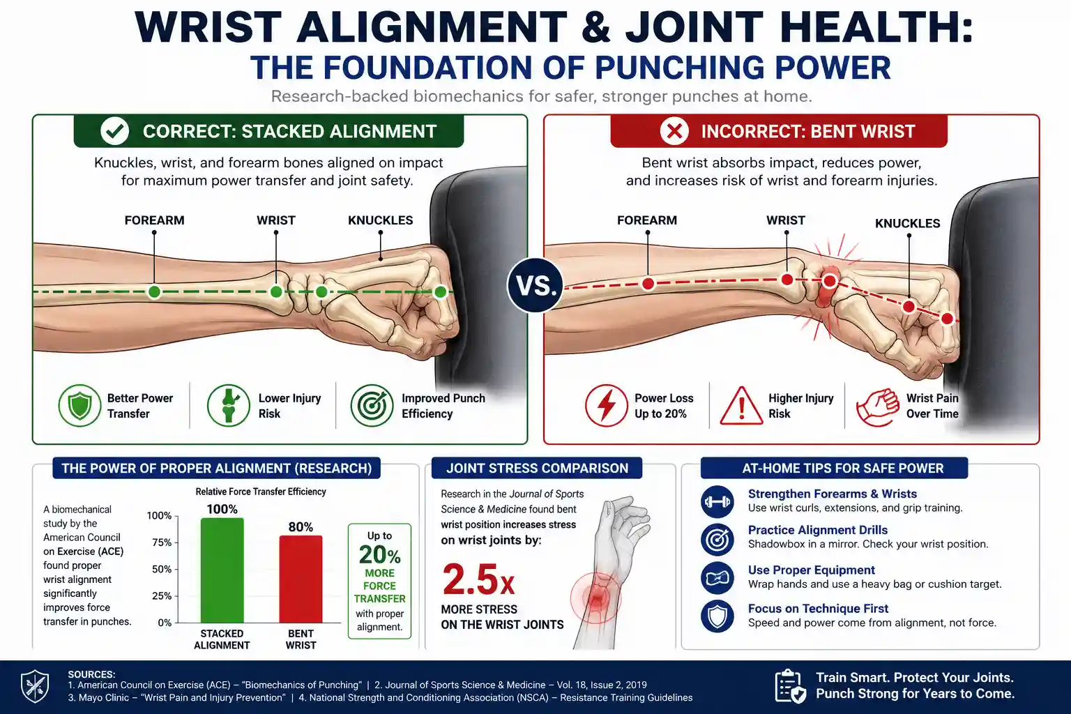 A close-up diagram showing the correct stacked alignment of knuckles, wrist, and forearm bones upon impact, contrasted with a bent wrist absorbing shock.