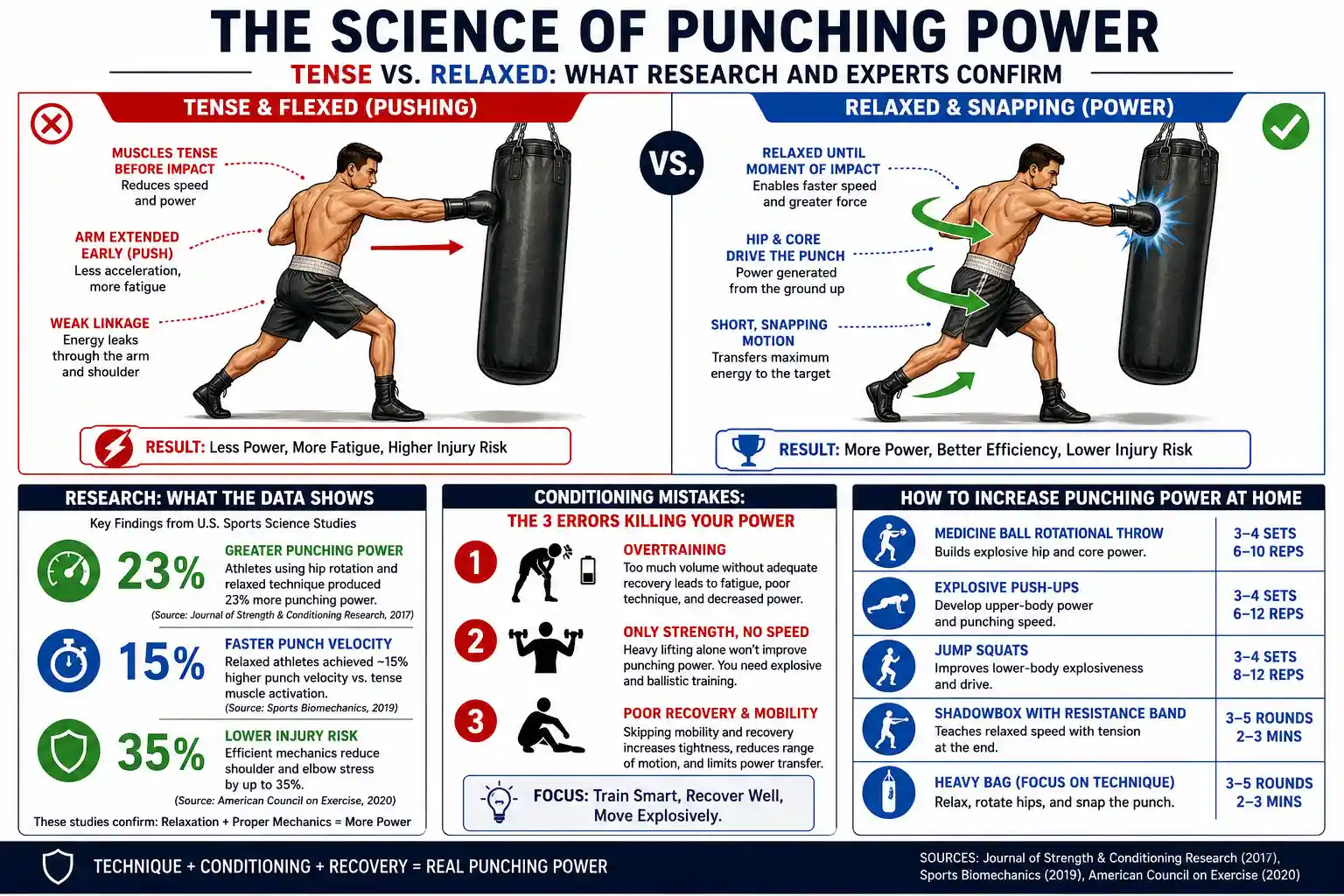 A side-by-side illustration showing a tense, flexed arm pushing a heavy bag vs. a relaxed arm snapping into the bag with the hips fully rotated.
